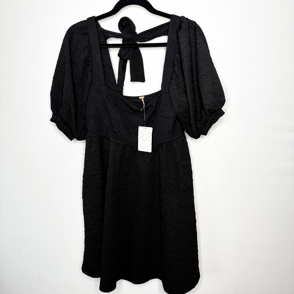 Free People Violet Mini Dress‎ Black Textured Puff Sleeve Open Back Tie Size S - Picture 10 of 10